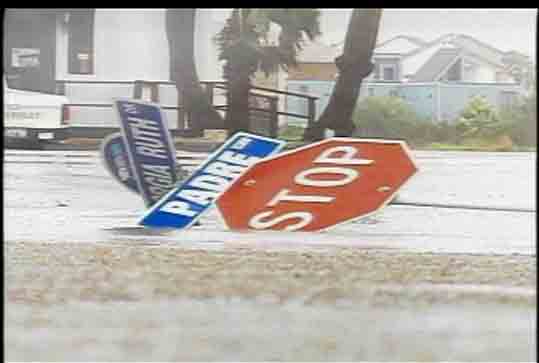 Image of blown over stop sign in South Padre Island