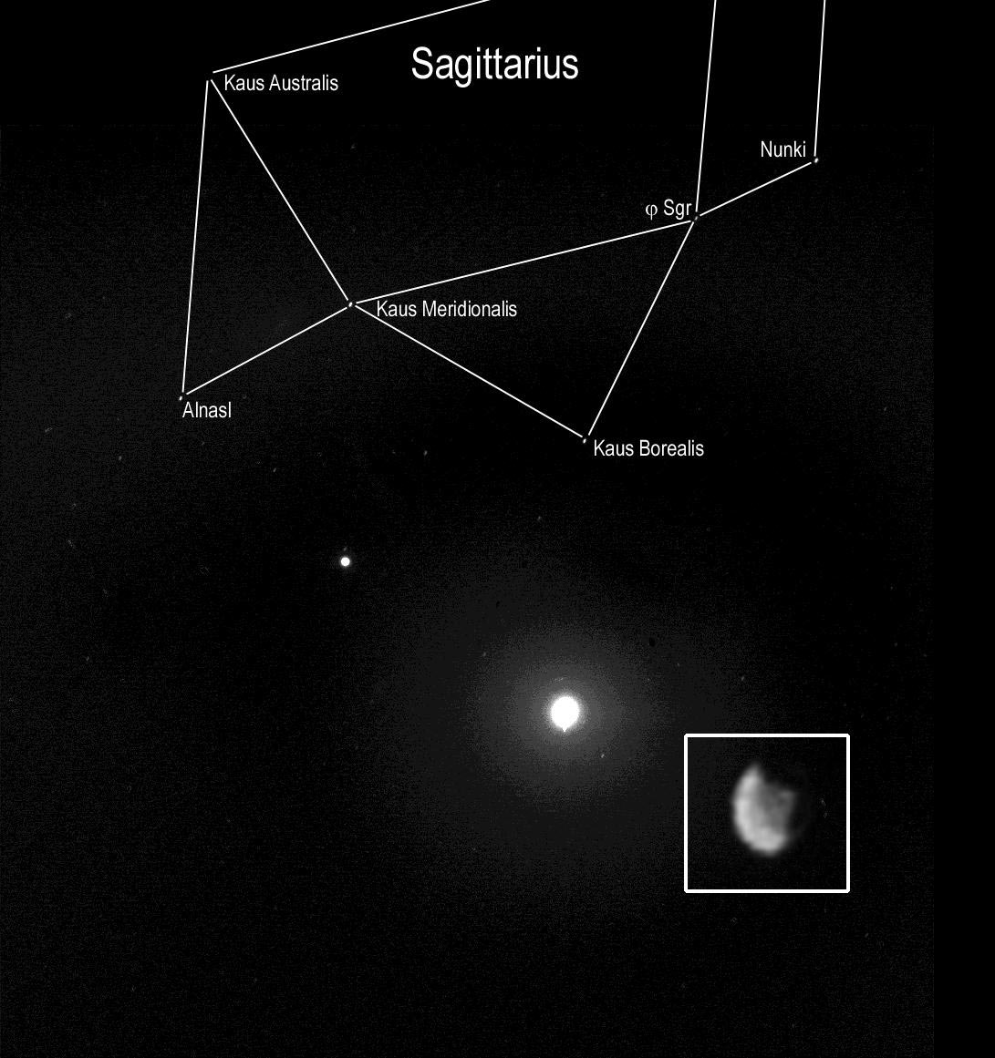 This animation shows a large white dot against a black background, representing Phobos, moving from the lower center toward the upward right corner. A