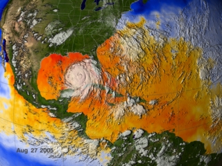 Sea surface temperature showing Hurricane Katrina's cold water wake in blues (08-27-2005)