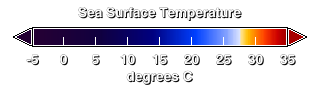 Color bar for sea surface temperatures (blue=15 degrees C, white= 27.7 degrees C, red=30+ degrees C)