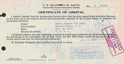 Certificate of Arrival for Maria Von Trapp