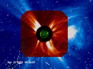 The expanding bubble of hot plasma expands into SOHO-LASCO C3 field of view just before bursting