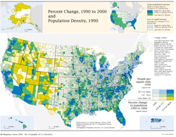 Percent Change, 1990 to 2000 and Population Density, 1990 map