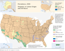 Prevalence, 2000, Hispanic or Latino Origin and All Races map