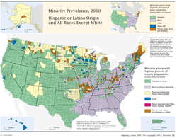 Minority Prevalence, 2000, Hispanic or Latino Origin and All Races Except White  map