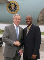 President George W. Bush presented the President’s Volunteer Service Award to Jerron Johnson upon arrival in St. Louis, Missouri, on Friday, May, 2, 2008.  Johnson served as a volunteer with AmeriCorps St. Louis and is an active volunteer with Make a Difference Day and the Pleasant Grove Baptist Church.  To thank them for making a difference in the lives of others, President Bush honors a local volunteer when he travels throughout the United States.  He has met with more than 600 volunteers, like Johnson, since March 2002.