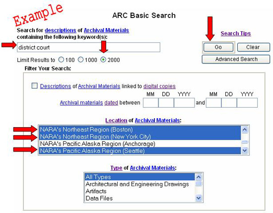 sample search screen in ARC