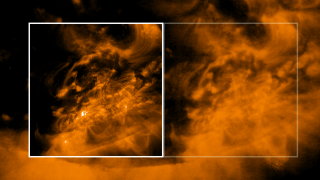 The TRACE inset box moves aside, revealing the SOHO/EIT view.  Note the dramatic different in visibility of fine structures in the coronal loops.