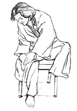 Drawing of a woman dressed in a bathrobe who is sitting in a chair and checking the bottom of her left foot.