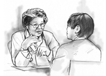 Drawing of a female doctor sitting at her desk across from a female patient; the doctor is speaking with her patient.