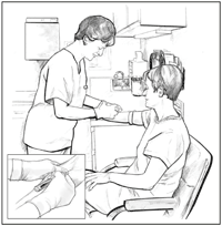 Drawing of a female health care professional drawing blood from a man’s arm. A close-up image is included.