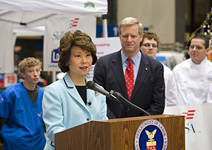 U.S. Secretary of Labor Elaine L. Chao kicks off the Occupational Safety and Health Administration's (OSHA) national 2008 Teen Summer Job Safety Campaign with Assistant Secretary of Labor for Occupational Safety and Health Edwin G. Foulke, Jr. and SkillsUSA students at Rockefeller Center in New York, NY
