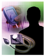 Montage of glucose monitor, silhouette of adult male, and blood pressure cuff.