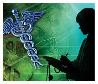 Montage of caduceus, dollar sign, and silhouette of female health care professional holding a stethoscope and writing on a clipboard.