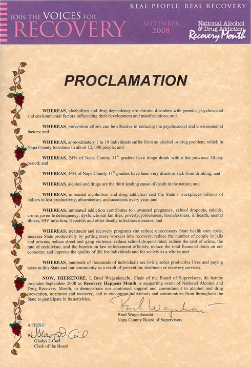 Proclamation from the Napa County Board of Supervisors stating participation in the programs and activities supporting Recovery Month 2008