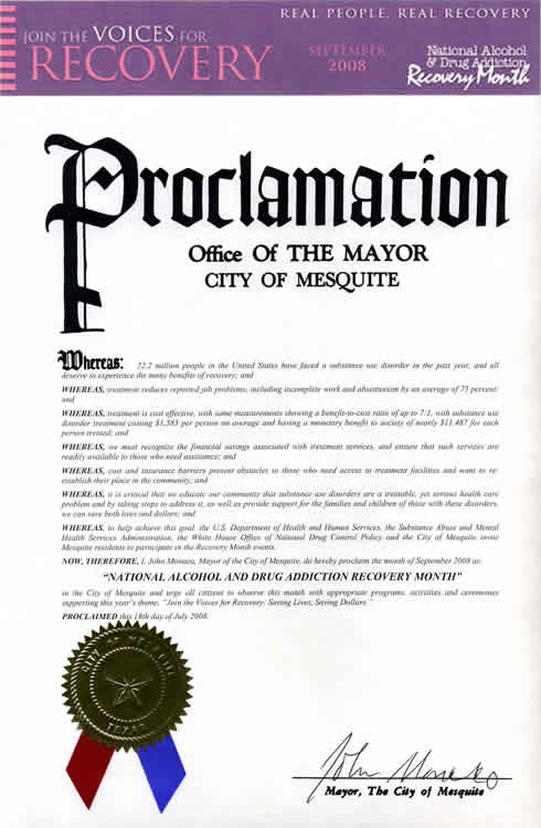 Proclamation from the City of Mesquite, Texas, stating participation in the programs and activities supporting Recovery Month 2008