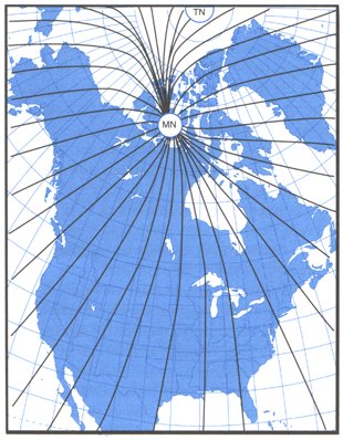 An isogonic chart. Magnetic meridians are in black and