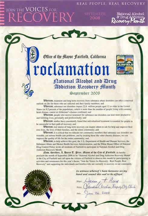 Proclamation from the City of Fairfield, California stating participation in the programs and activities supporting Recovery Month 2008