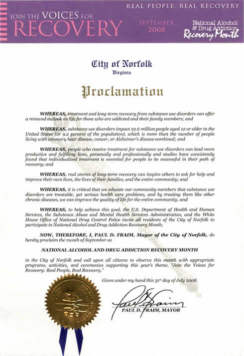 Proclamation from the Mayor of Norfolk, Virginia stating participation in the programs and activities supporting Recovery Month 2008