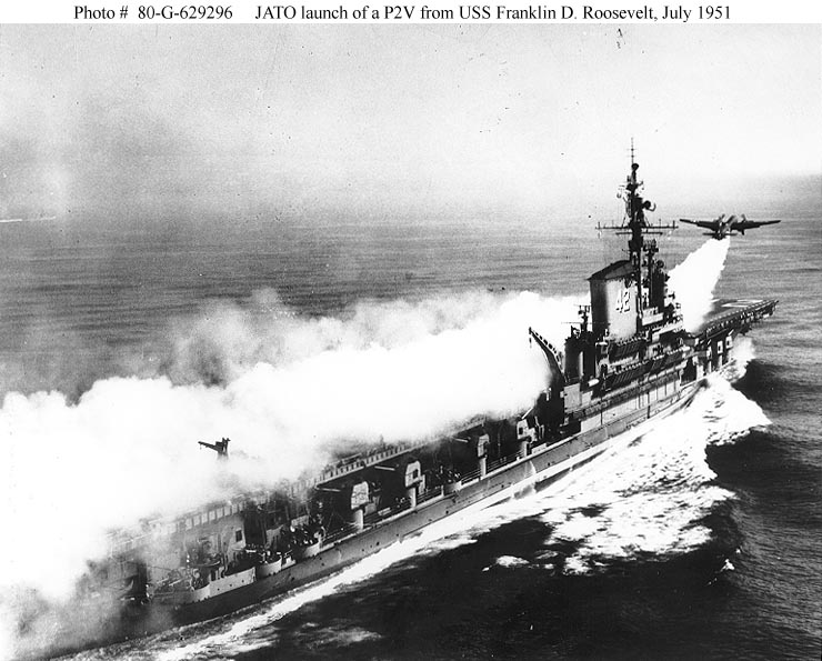 Photo # 80-G-629296 JATO launch of a P2V from the USS Franklin D Roosevlt, July 1951