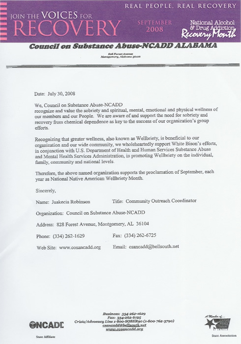 Proclamation from the Council on Substance Abuse - NCADD stating participation in the programs and activities supporting Recovery Month 2008