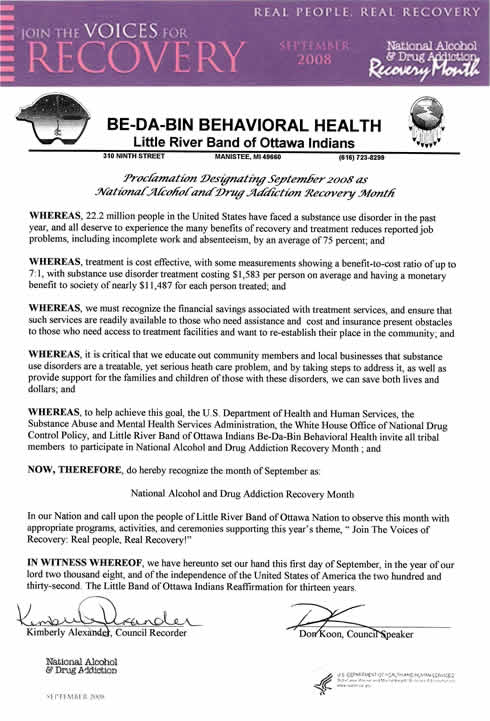 Proclamation from the Little River Band of Ottawa Indians stating participation in the programs and activities supporting Recovery Month 2008