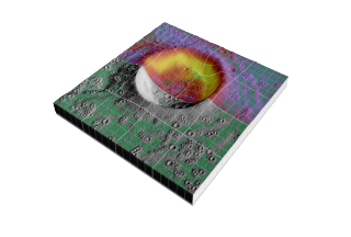 An artist rendition of Diviner's temperature data being laid over LOLA-like topography and a derived level surface product (depicted in green).