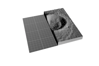 An artist rendition of topographic data being partially revealed to show a lunar crater. Similar topographic data will be taken by the LOLA instrument onboard LRO.