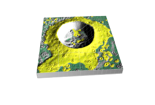 One of Diviner's derived products will be detection of small rock hazards. Since small rocks warm and cool slower than the surrounding regolith, Diviner's temperature data over time can reveal potential small rock hazards. This is an artist's rendition of the sort of small rock hazards that might be found around a lunar crater. Small rock hazards are shown in yellow.