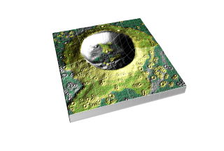 An artist rendition of LROC's imaging data being overlaid atop small rock hazards and level surfaces. The LROC camera will provide high resolution images of the lunar surface.