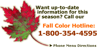 [graphic] An image of a large red leaf, call our fall color hotline at 1-800-354-4595