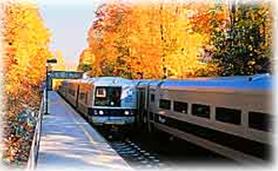 Photo of a train at a station in the Fall with bright amber trees in the background