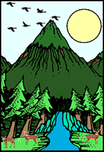 Forest Scene: Mountain, trees, deer, stream.