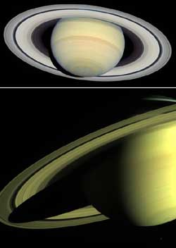 on top, a full view of Saturn from Hubble; on bottom, a partial view from Cassini