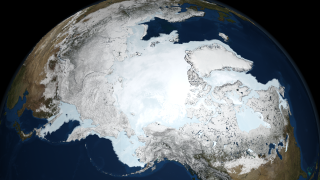 Image of Arctic sea ice on March 10, 2008 when the sea ice reached the annual minimum extent of 15.21 million square kilometers (5.87 million square miles).