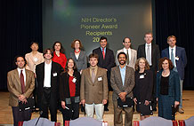photo of Dr. Zerhouni greeting the 2005 Pioneer Award Recipients