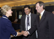 photo of Dr. Nabel and Dr. Zerhouni welcoming HHS Secretary Leavitt