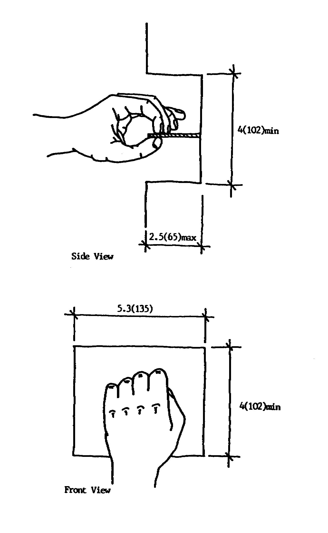  Depicts side and front view of a hand inserting a card in a control device like a lock or ATM. The device requires a 4 inches (102 mm) high minimum opening at 2.5 inches (65 mm) maximum depth, and a minimum width of 5.3 inches (135 mm).. 