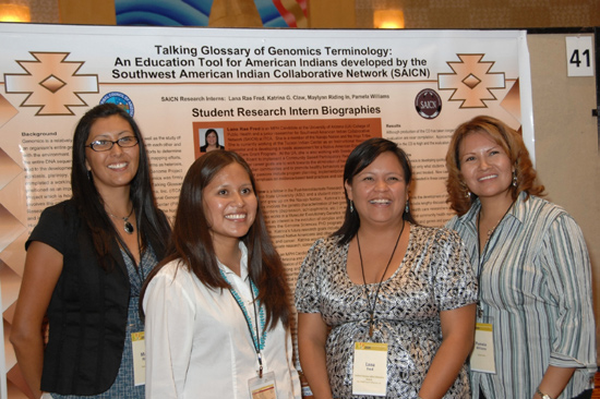 Summit attendees (from l) Maylynn Riding In, Katrina G. Claw, Lana Rae Fred and Pamela Williams of the Intertribal Council of Arizona display their poster on genomics.