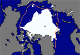 Daily Arctic sea ice extent for August 26, 2008 - orange line shows the 1979 to 2000 average extent for that day