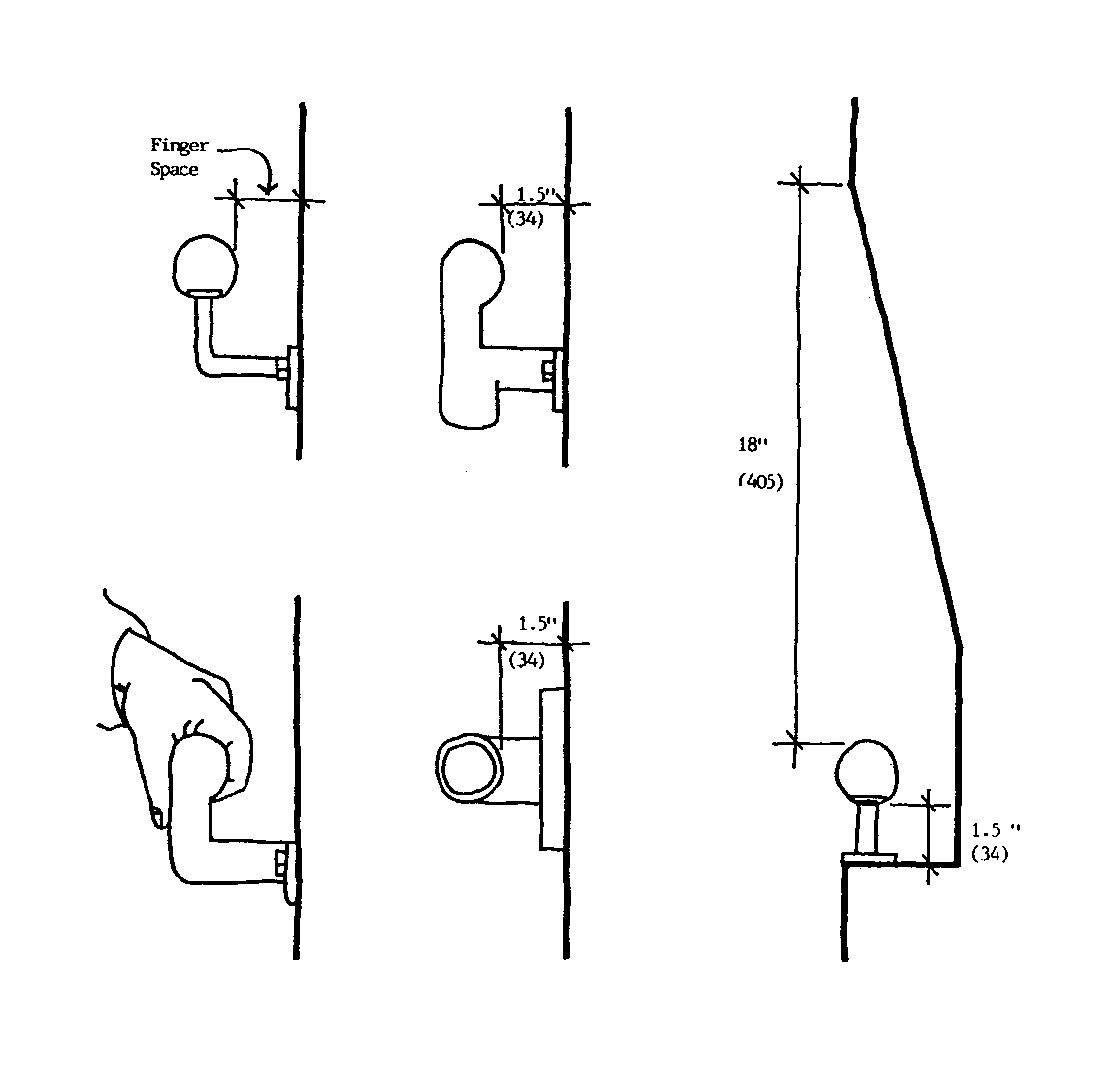  Graphic depicts a handrail mounted to a wall showing the finger space required to use the device.  A minimum finger space of 1.5 inches (34 mm) is required.  For a recessed handrail, a minimum distance of 18 inches (405 mm) is required from the recessed handrail to the top of the recess space. 