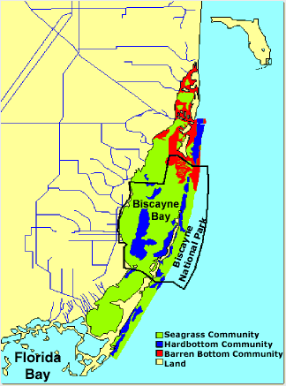 map showing Biscayne Bay region, seagrass, hardbottom and barren bottom communities