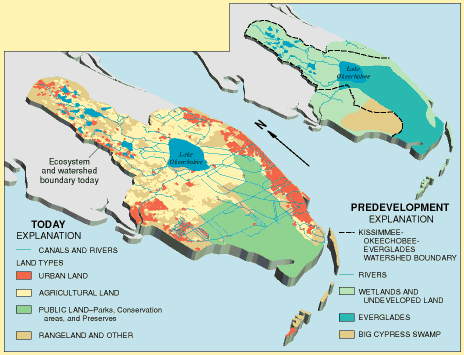 3D map showing changes in land cover and drainage in south Florida - predevelopment and today