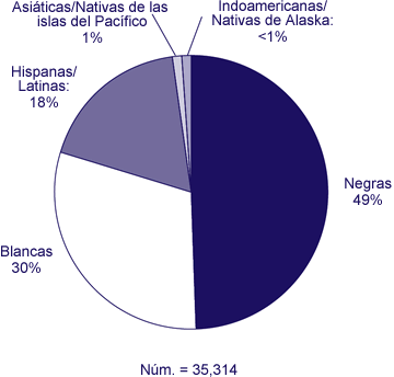 núm. = 35,314

Negras: 49%
Blancas: 30%
Hispanas/Latinas: 18%
Asiáticas/Nativas de las islas del Pacífico: 1%
Indias americanas/Nativas de Alaska: <1%