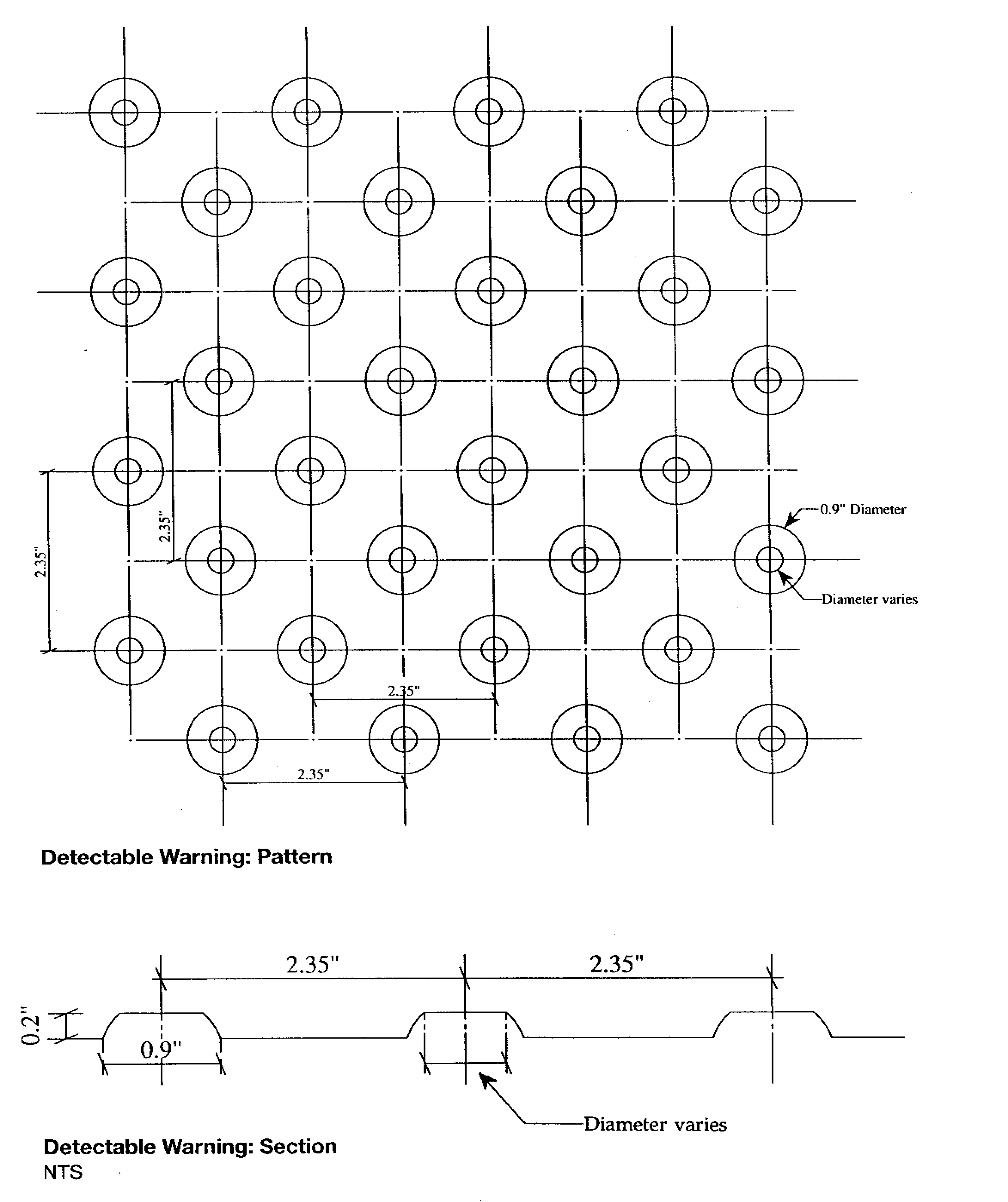 Pattern and cross section views of detectable warning