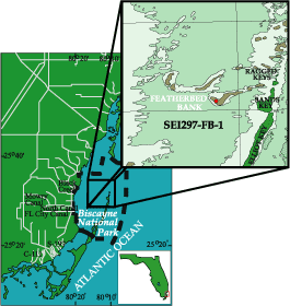 map showing the location of Featherbed Bank within Biscayne National Park, Florida