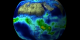 TRMM monthly rainfall averages for March 1999, wrapped to a globe.  Red and yellow denote high rainfall amounts.