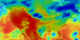 View of the United States with red (showing high levels of ground level ultraviolet radiation) covering the Western US and then changing to splotchy yellows, greens and blues as you move East (denoting lower levels of ground level ultraviolet radiation).  Daily data is presented for July 1, 2001 through August 2, 2001.  