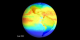 A global view of the Earth, gradually zooming into North America covered in purples (to the North) and blues (to the South), denoting low levels of ground level ultraviolet radiation in August, 2000.  This animation shows the fluctuation in the levels through the year.  By January, 2001, the red showing high levels of ground level ultraviolet radiation creep in and then fade away.  The data covers August, 2000 through July, 2001.