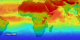 This erythemal index for Europe and Africa shows the range of ground levels of UV radiation from the highest (in red) to the lowest (in purple).  This animation shows the fluctuation with the red areas moving from the equatorial region, Southward, then back to the middle as time passes from August, 2000 to July, 2001.